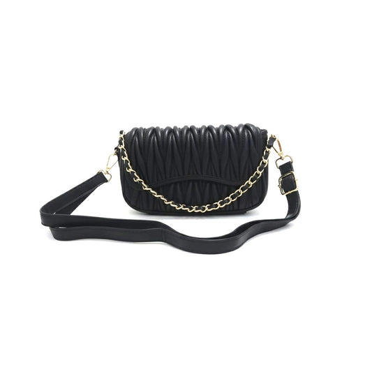 Embossed Shoulder Bag with Chain and Flap - Black