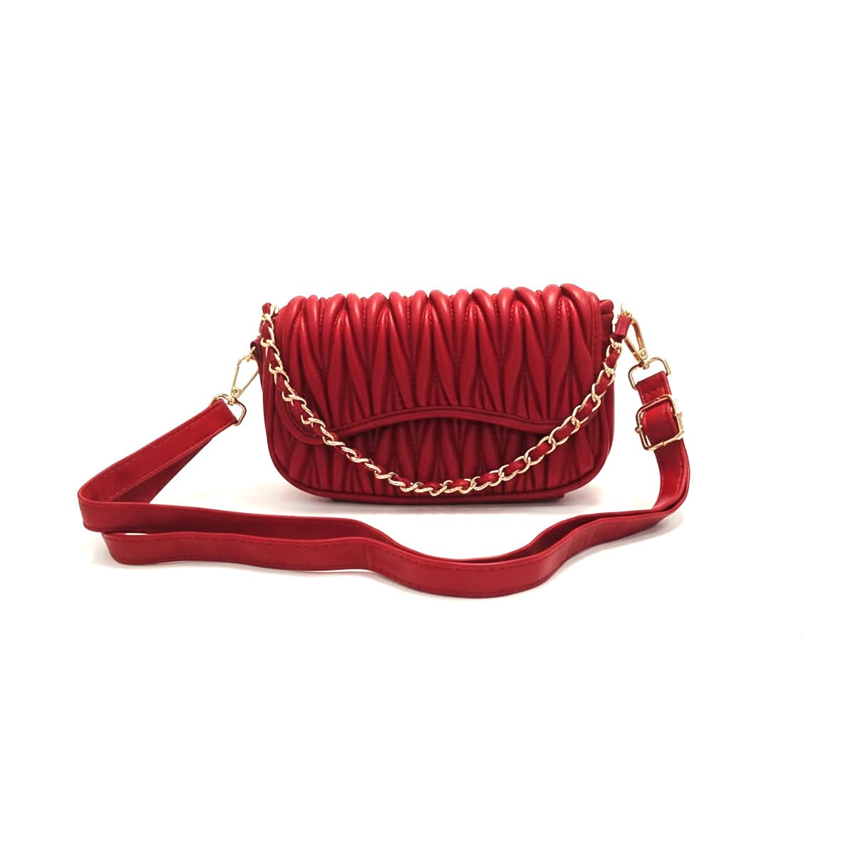 Embossed Shoulder Bag with Chain and Flap - Red