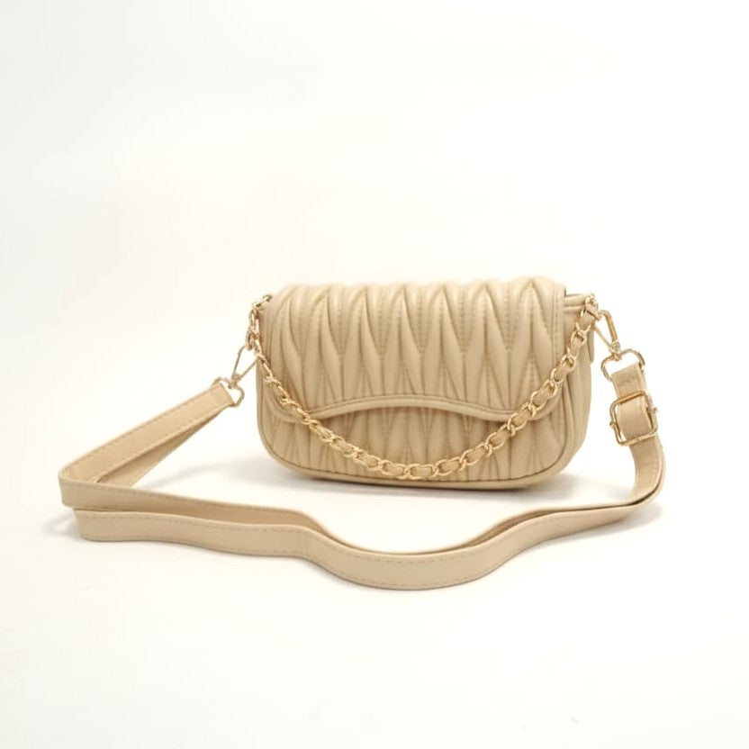 Embossed Shoulder Bag with Chain and Flap - Beige