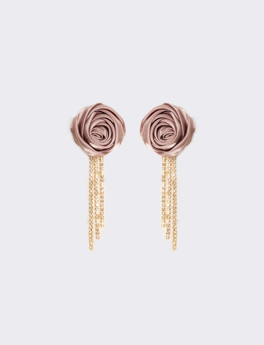Orecchino con rosa in tessuto e strass - Rosa