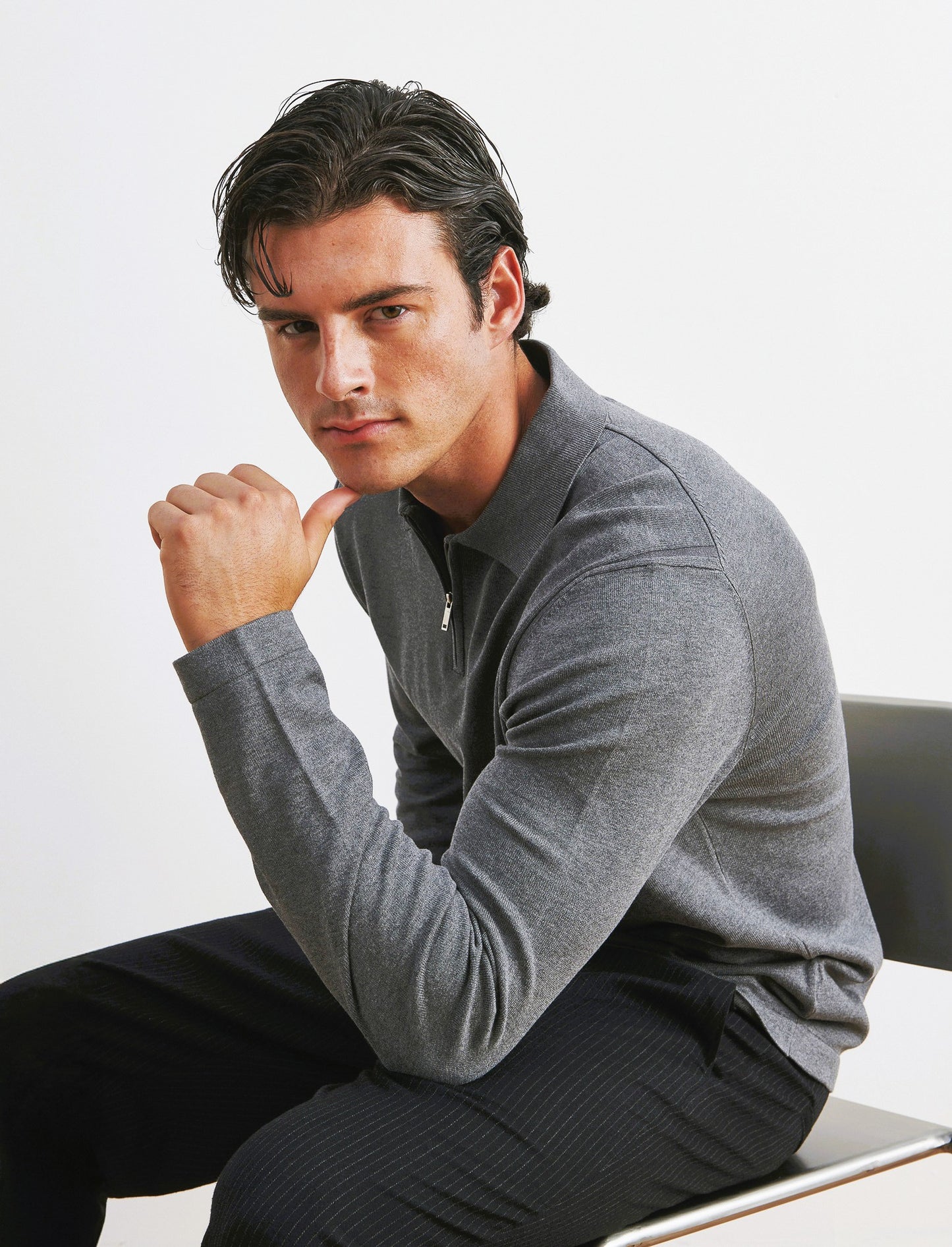 MAGLIA  MODELLO POLO CON CERNIERA - Grigio mel.
