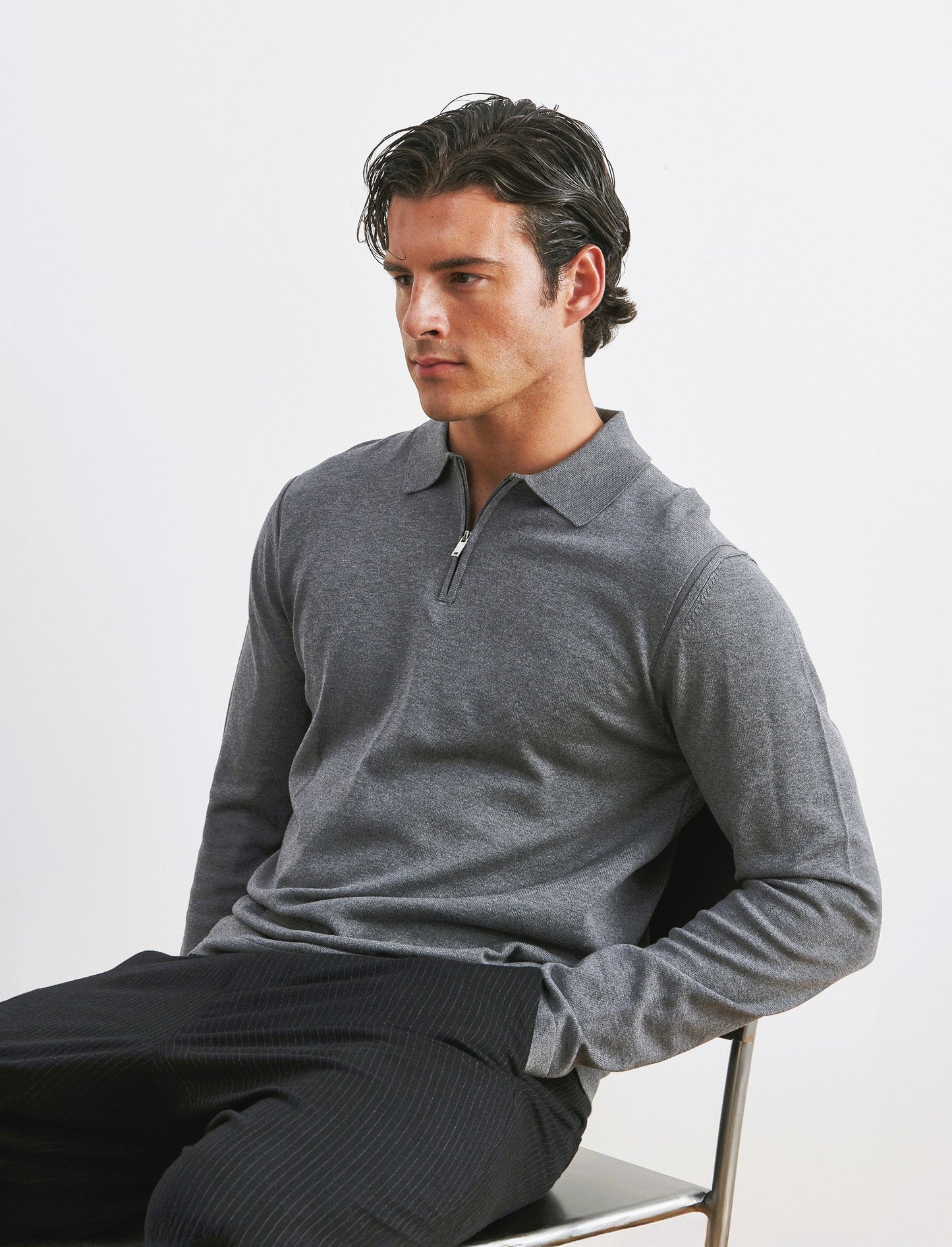 MAGLIA  MODELLO POLO CON CERNIERA - Grigio mel.