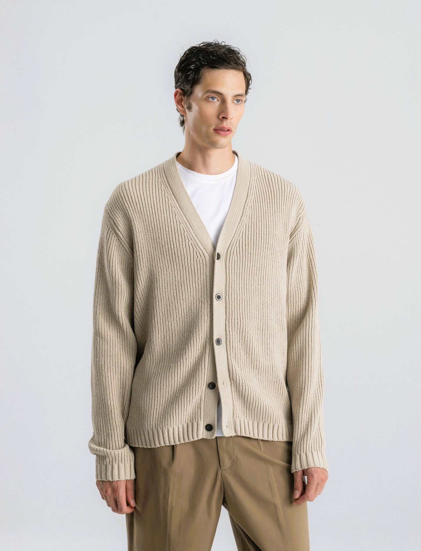 MAGLIA CARDIGAN IN  CINIGLIA A COSTE - Beige