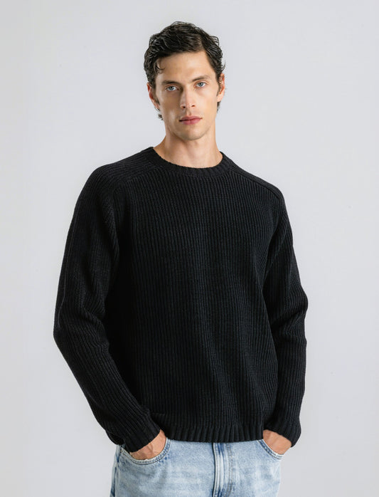 MAGLIA GIROCOLLO IN  CINIGLIA A COSTE - Nero