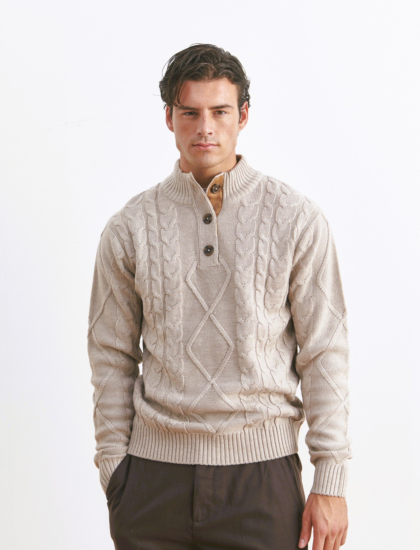 MAGLIA MEZZO COLLO A TRECCE - Beige
