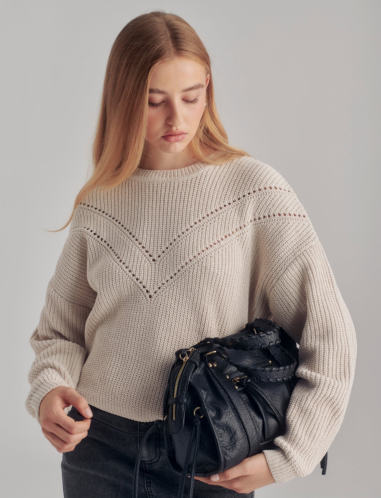 Bauletto con manici intrecciati e tirazip lunghi - Nero