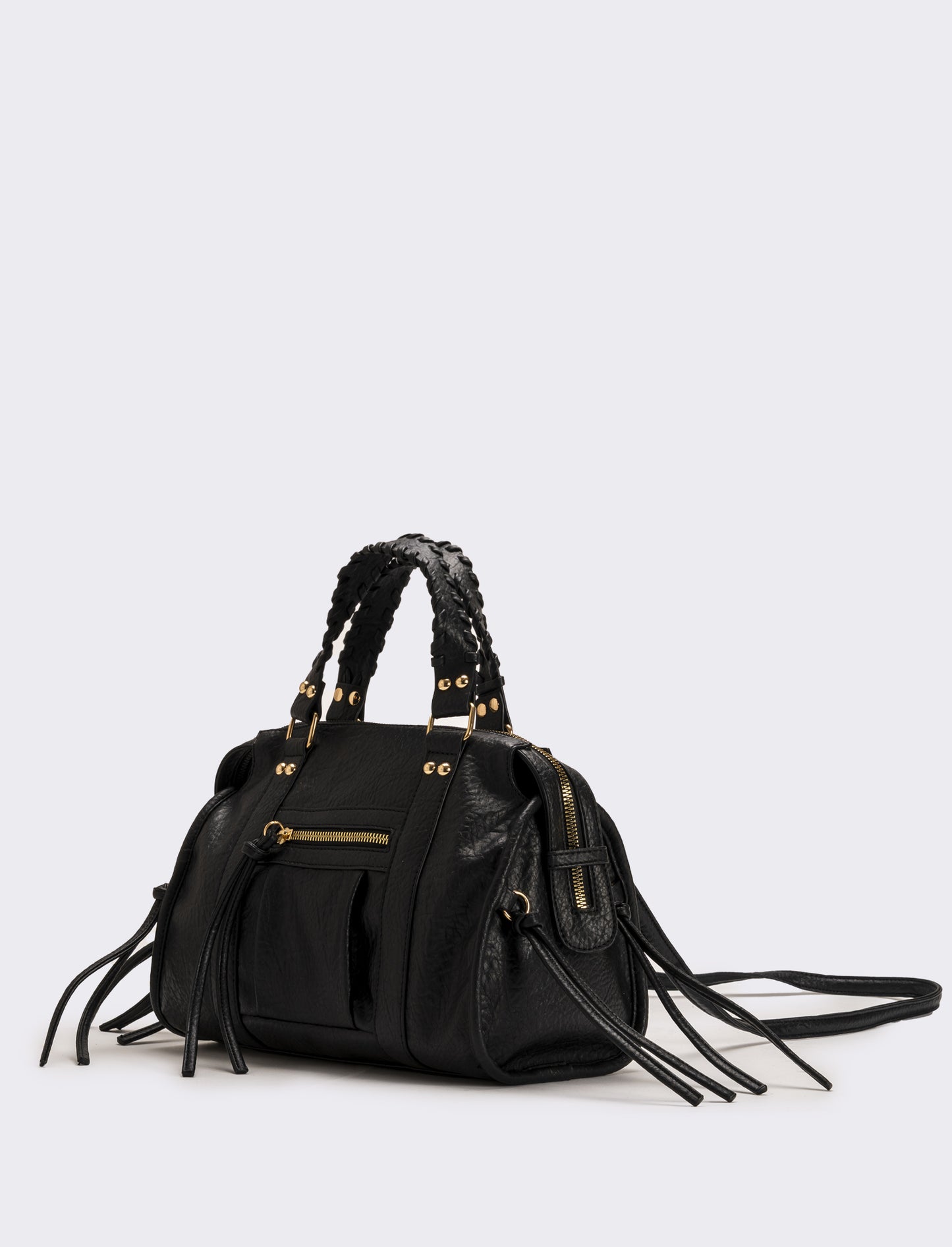 Bauletto con manici intrecciati e tirazip lunghi - Nero