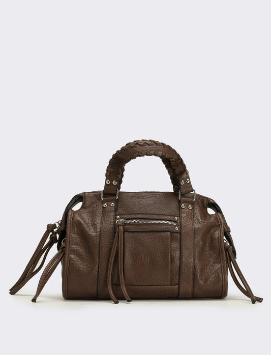 Bauletto con manici intrecciati e tirazip lunghi - Marrone