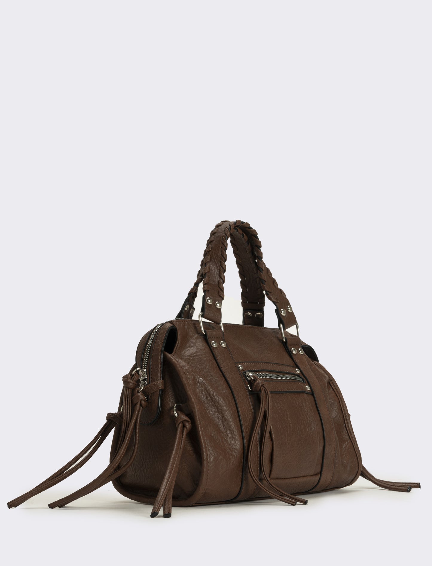 Bauletto con manici intrecciati e tirazip lunghi - Marrone
