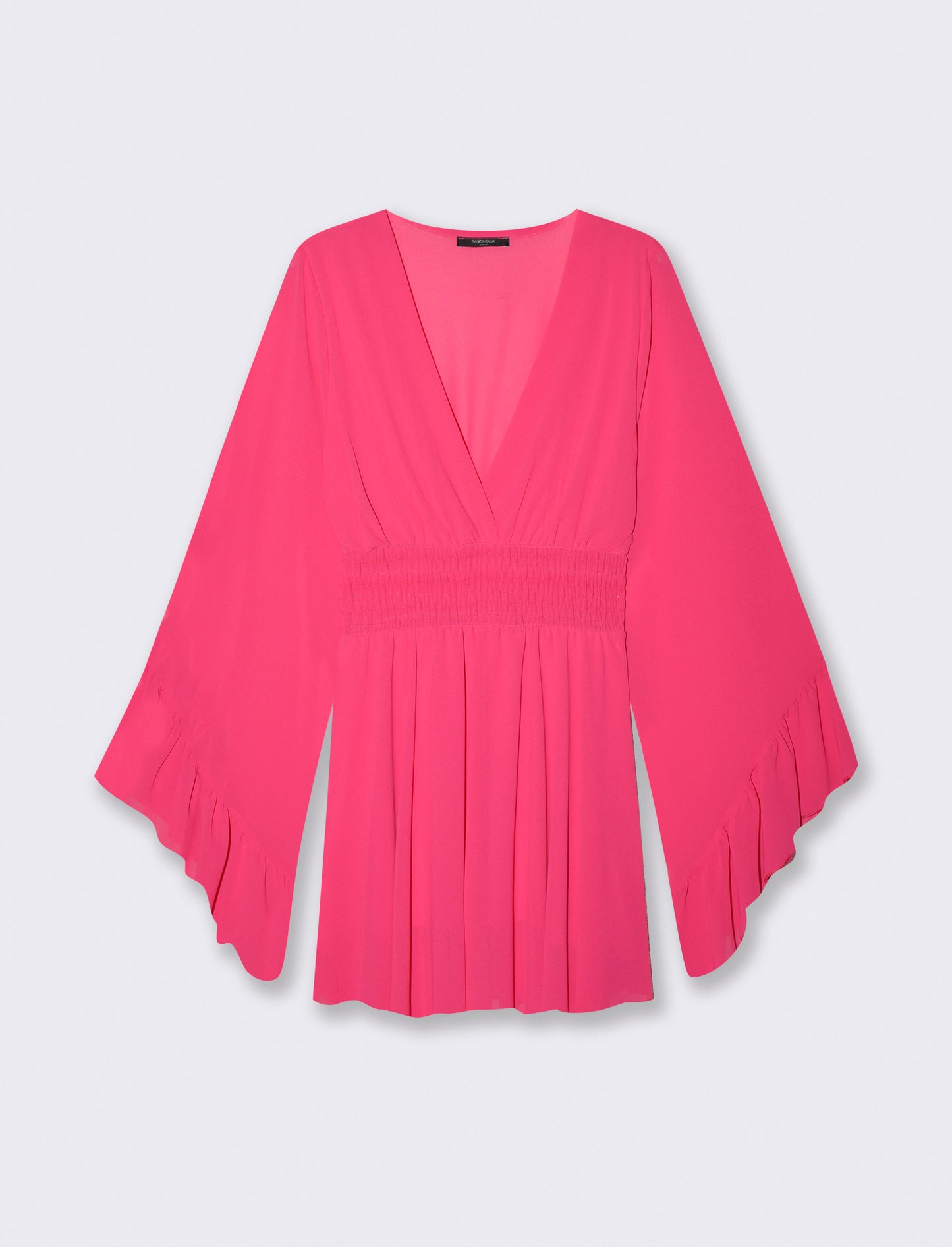 Abito Corto con Scollo a V e Vita Elastico - Fuxia azalea