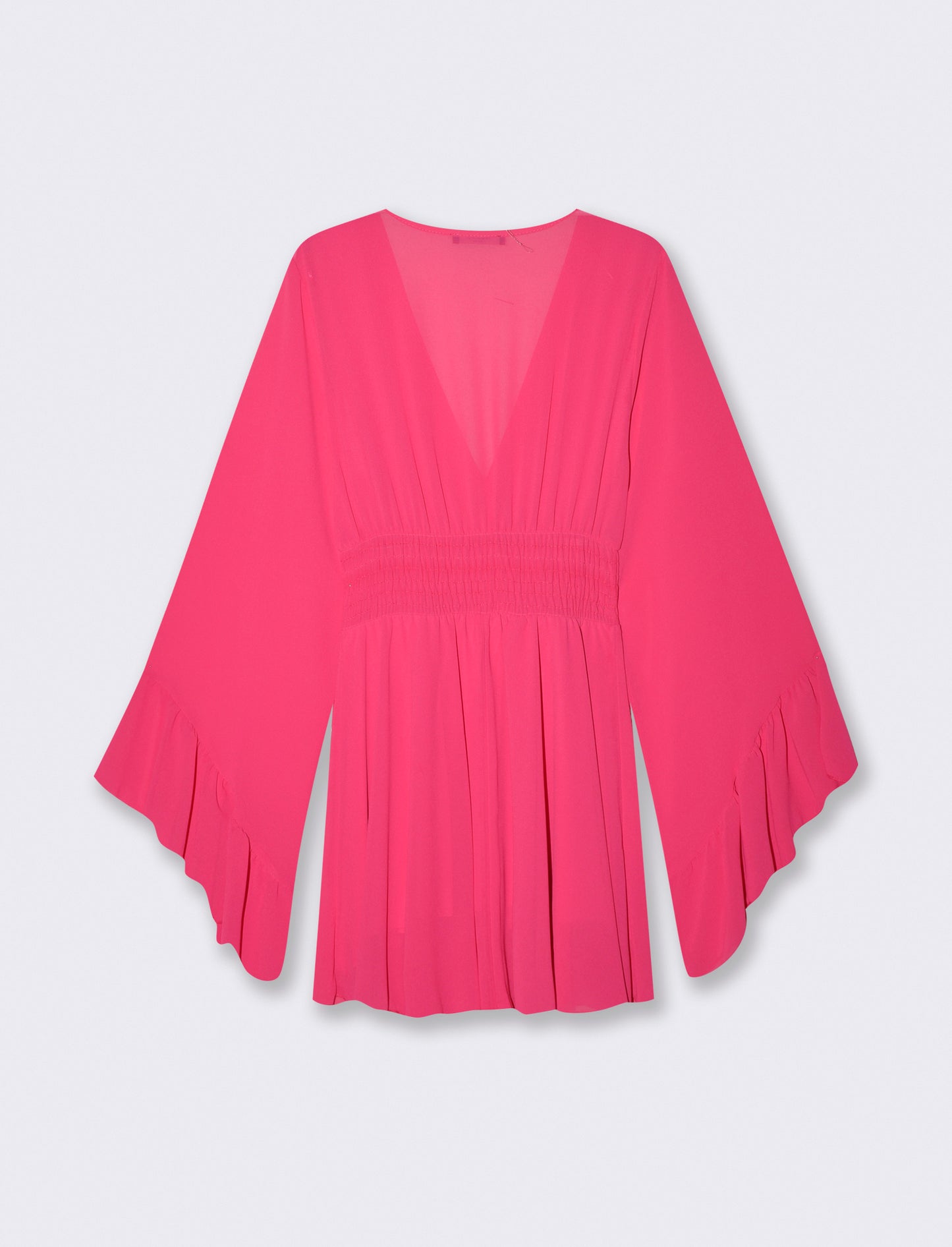 Abito Corto con Scollo a V e Vita Elastico - Fuxia azalea
