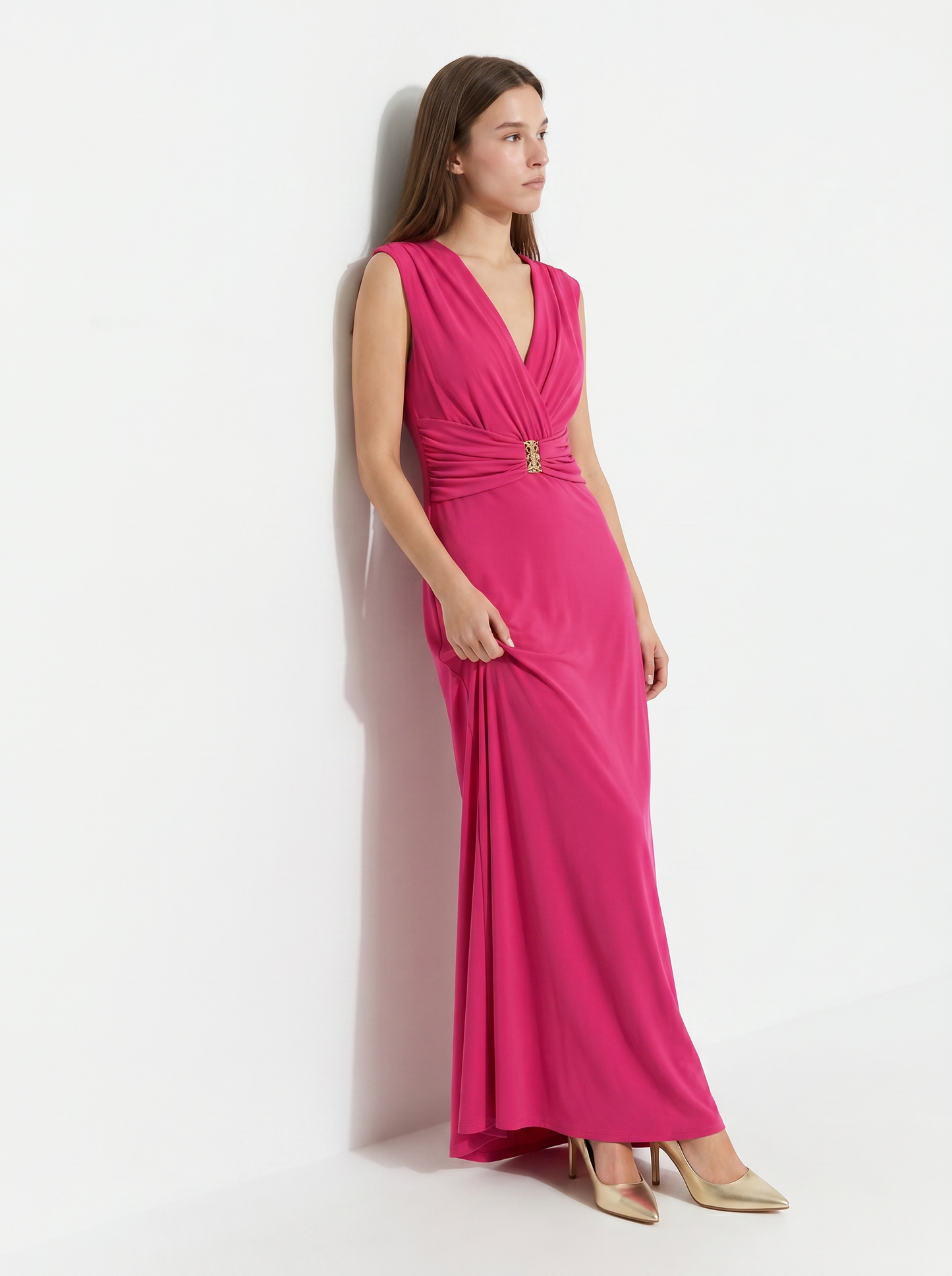 Long dress with straps and ruching - Fuxia