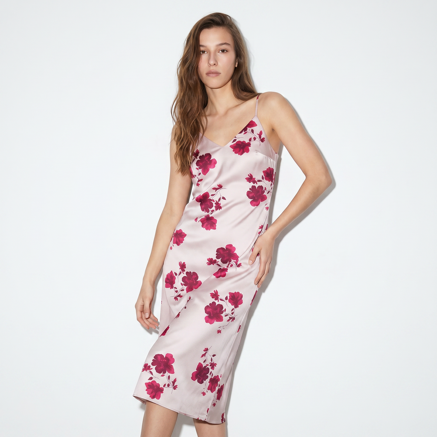 Long dress with print and thin straps - Pink