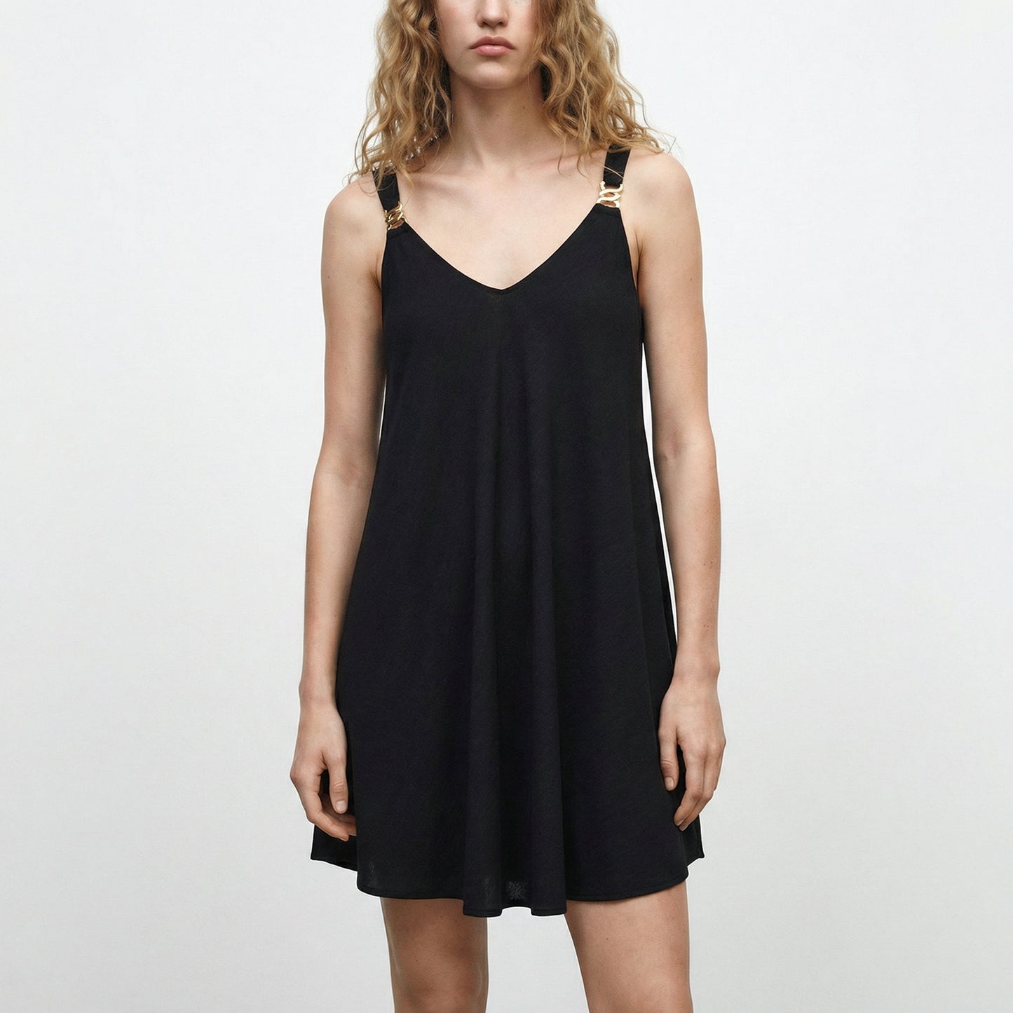 Midi Dress with Decorative Straps and Soft Fabric - Black