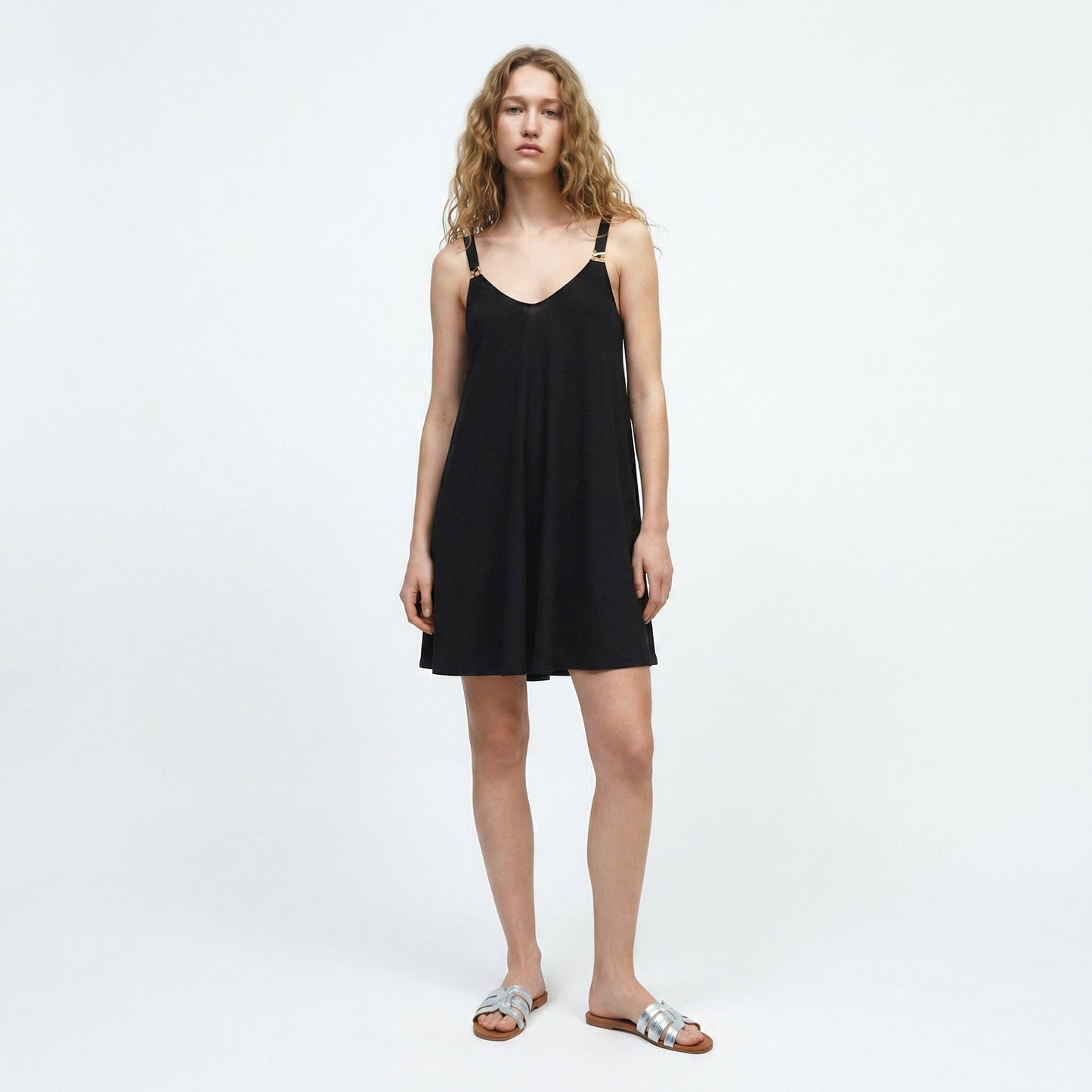 Midi Dress with Decorative Straps and Soft Fabric - Black