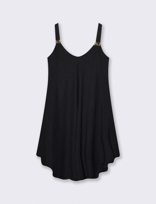 Abito Midi con Bretelle Decorate e Morbido - Nero