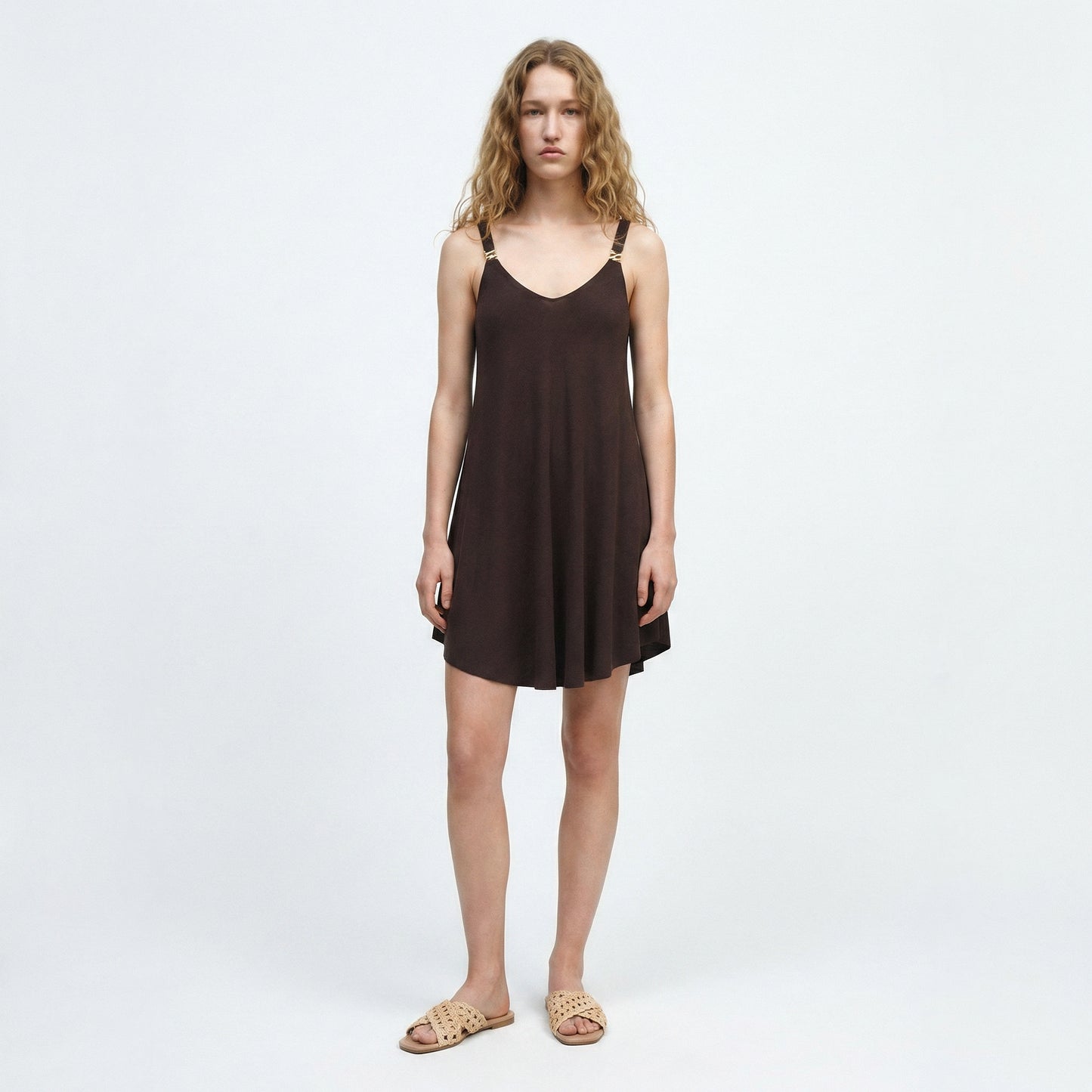Midi Dress with Decorative Straps and Soft Fabric - Brown