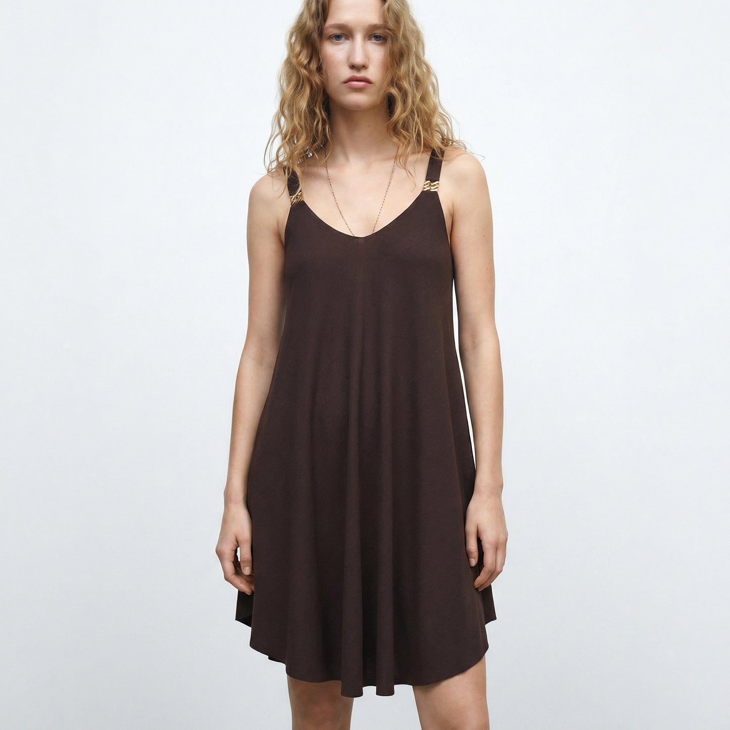 Midi Dress with Decorative Straps and Soft Fabric - Brown