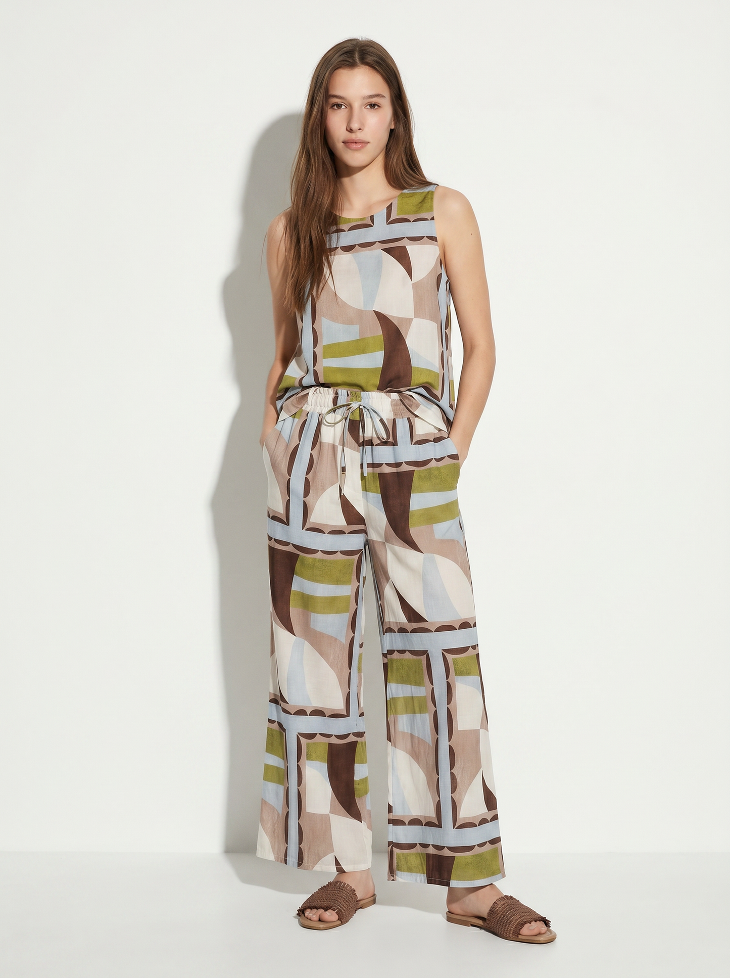Loose pants with drawstring and print - Green