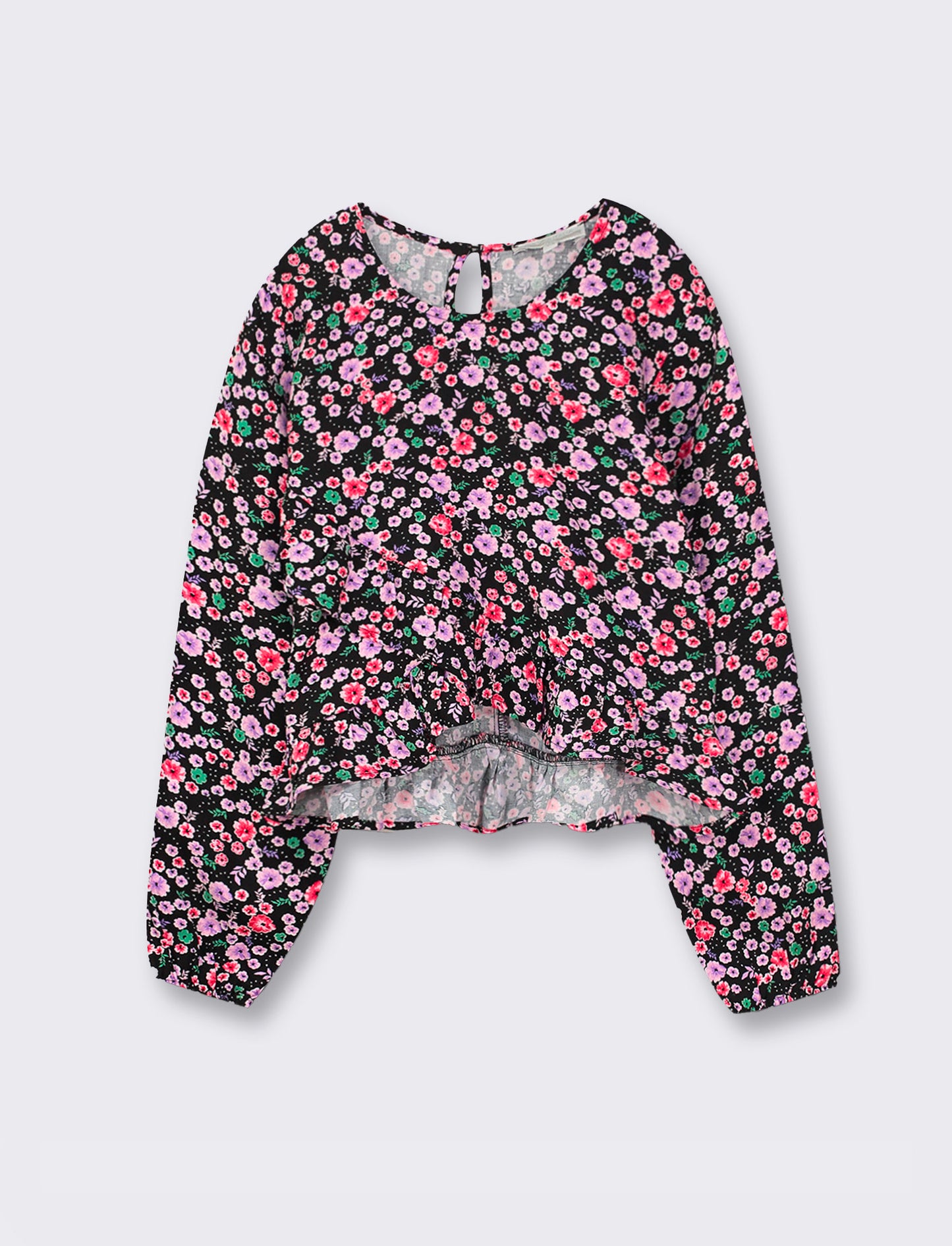 Girls' Printed Viscose Blouse with Asymmetric Ruffle - Multicolor