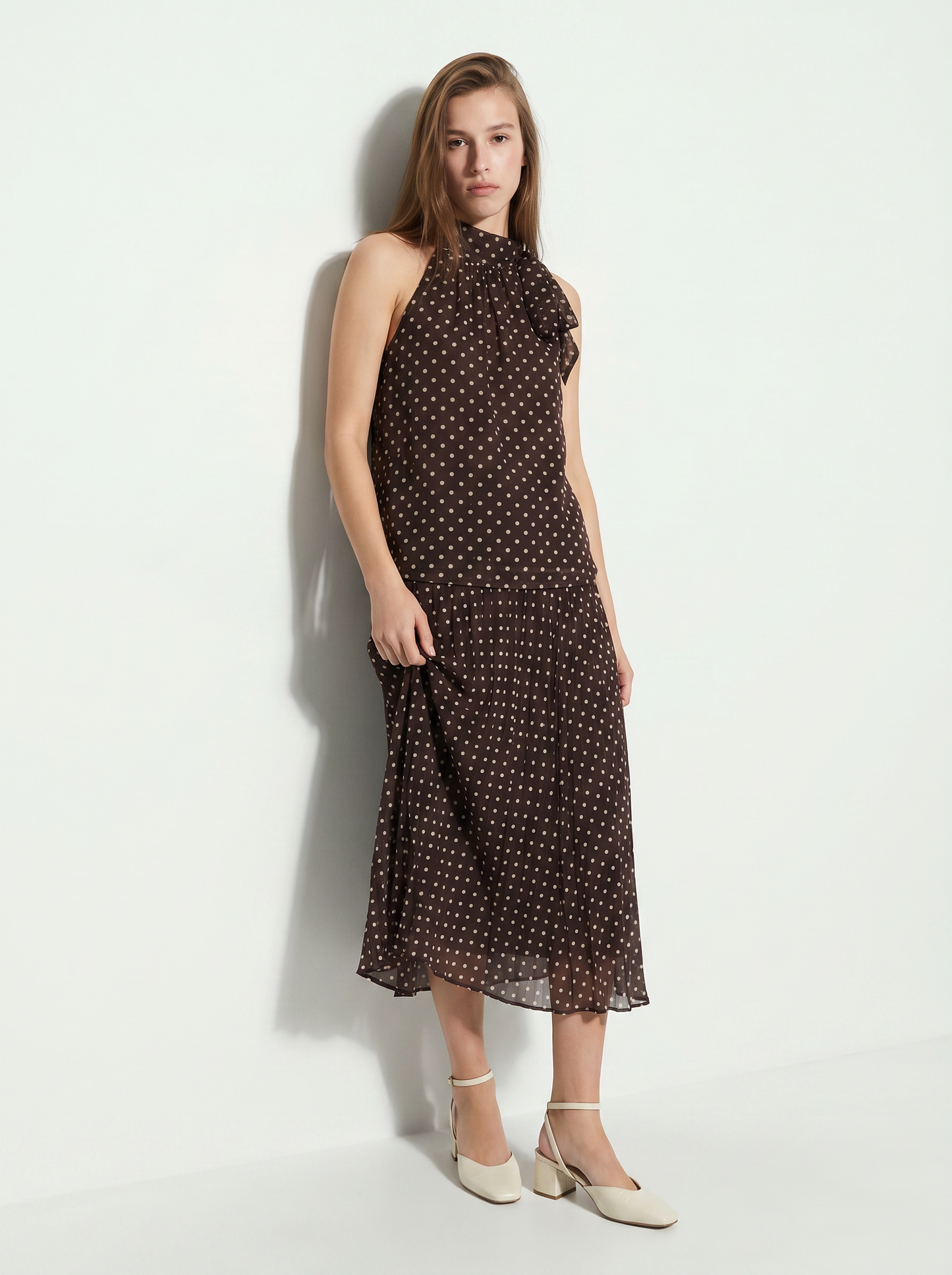 Polka dot long skirt with elastic waistband - Brown