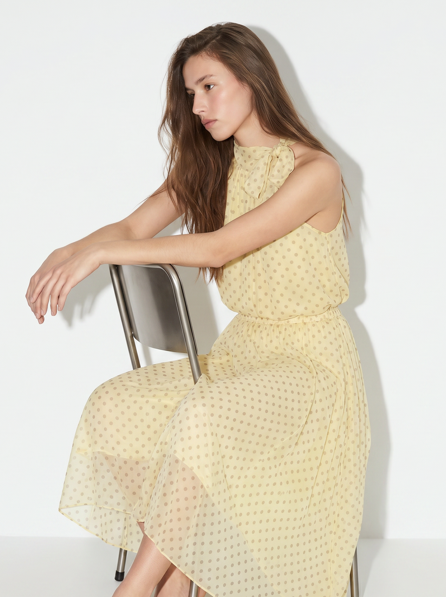 Polka dot long skirt with elastic waistband - Yellow