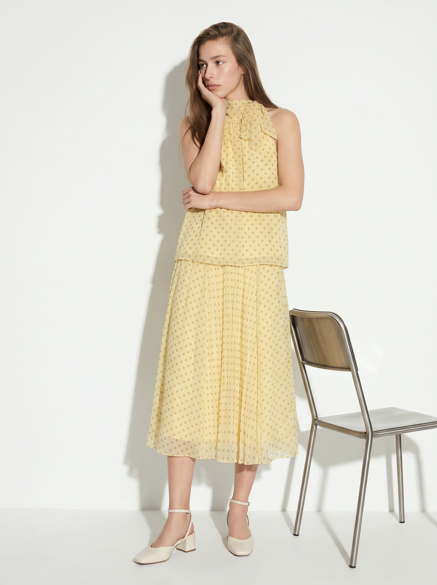 Polka dot long skirt with elastic waistband - Yellow