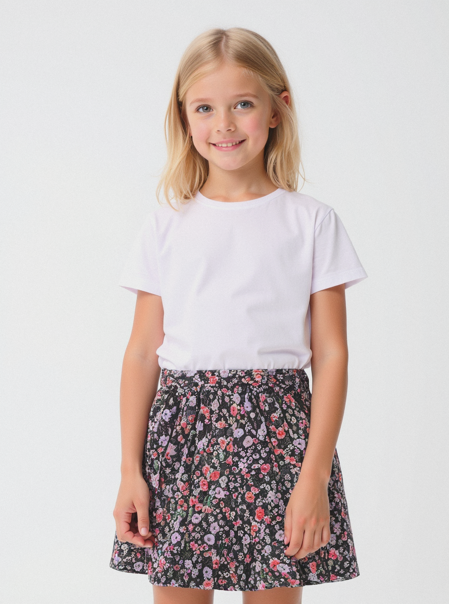 Elegant Printed Viscose Asymmetric Cut Girl's Skirt with Front Knot Detail - Multicolor