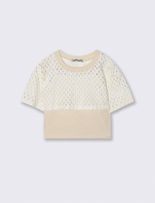 Maglietta crop a rete con canotta spallina - Beige