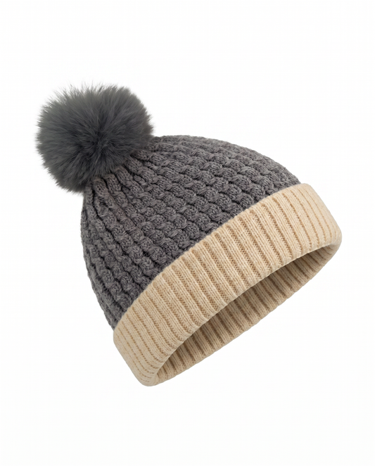 Cuffia neonato con trecce e pon pon - Beige