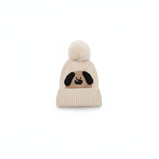 Cuffia con pon pon per amanti dei cani - Bianco panna