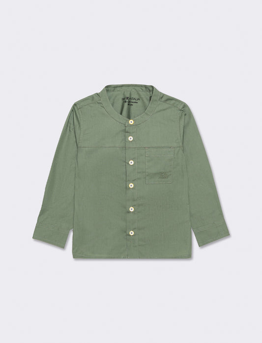 Korean Style Cotton Shirt with Pocket and Embroidery - Green