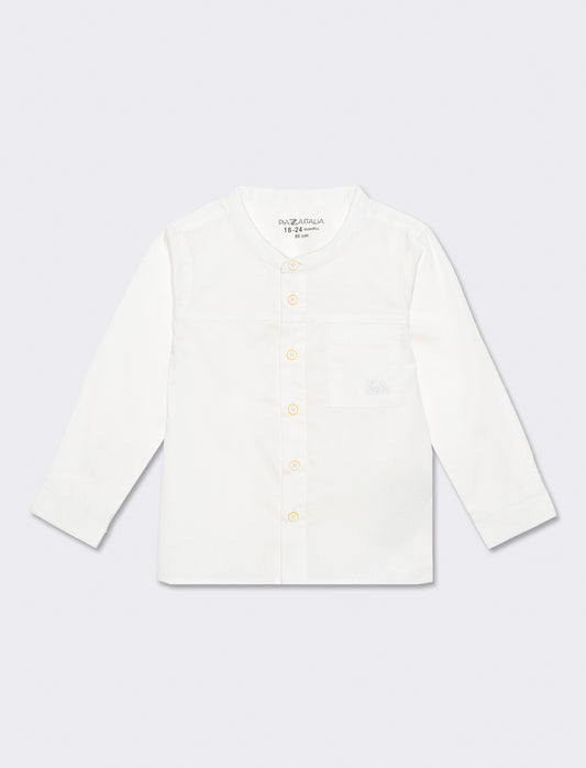 Korean Style Cotton Shirt with Pocket and Embroidery - White