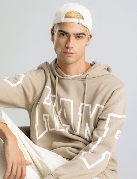 FELPA CON CAPPUCCIO E STAMPA - Beige