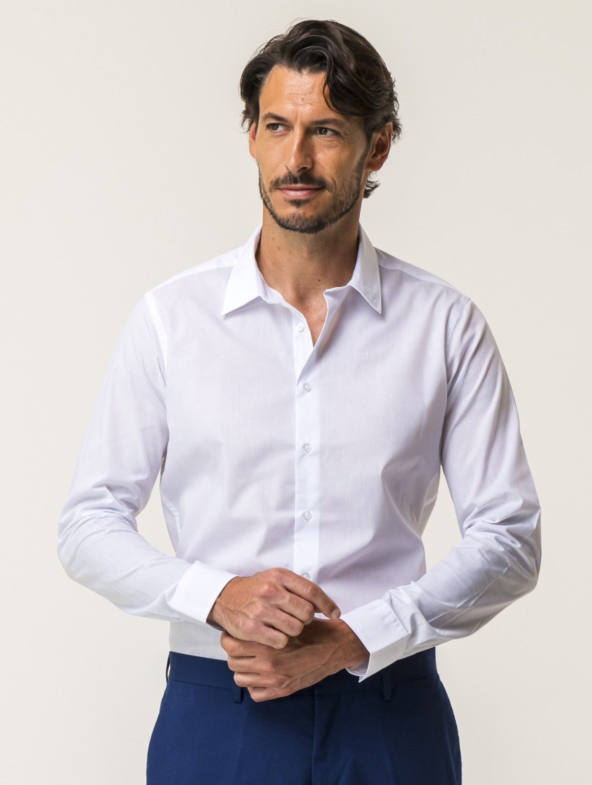 Slim Fit Cotton Blend Easy Iron Shirt with Italian Collar and Buttoned Cuffs - White