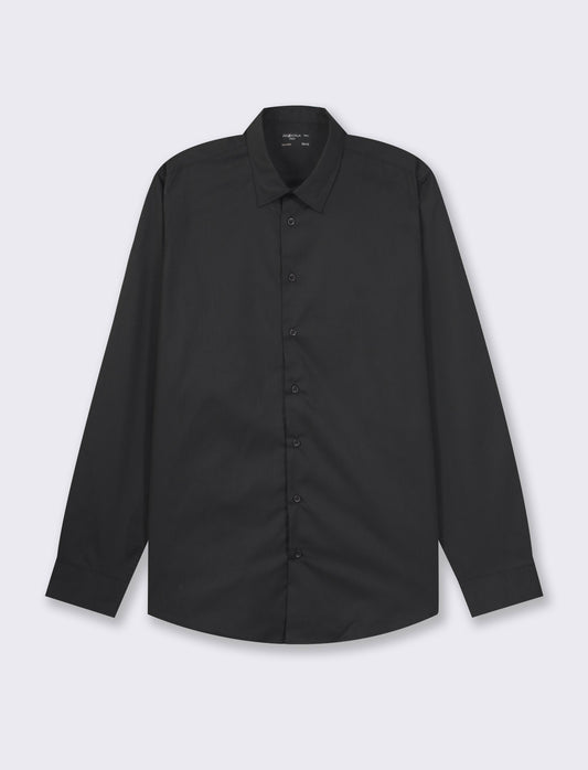 Slim Fit Cotton Blend Easy Iron Shirt with Italian Collar and Buttoned Cuffs - Black