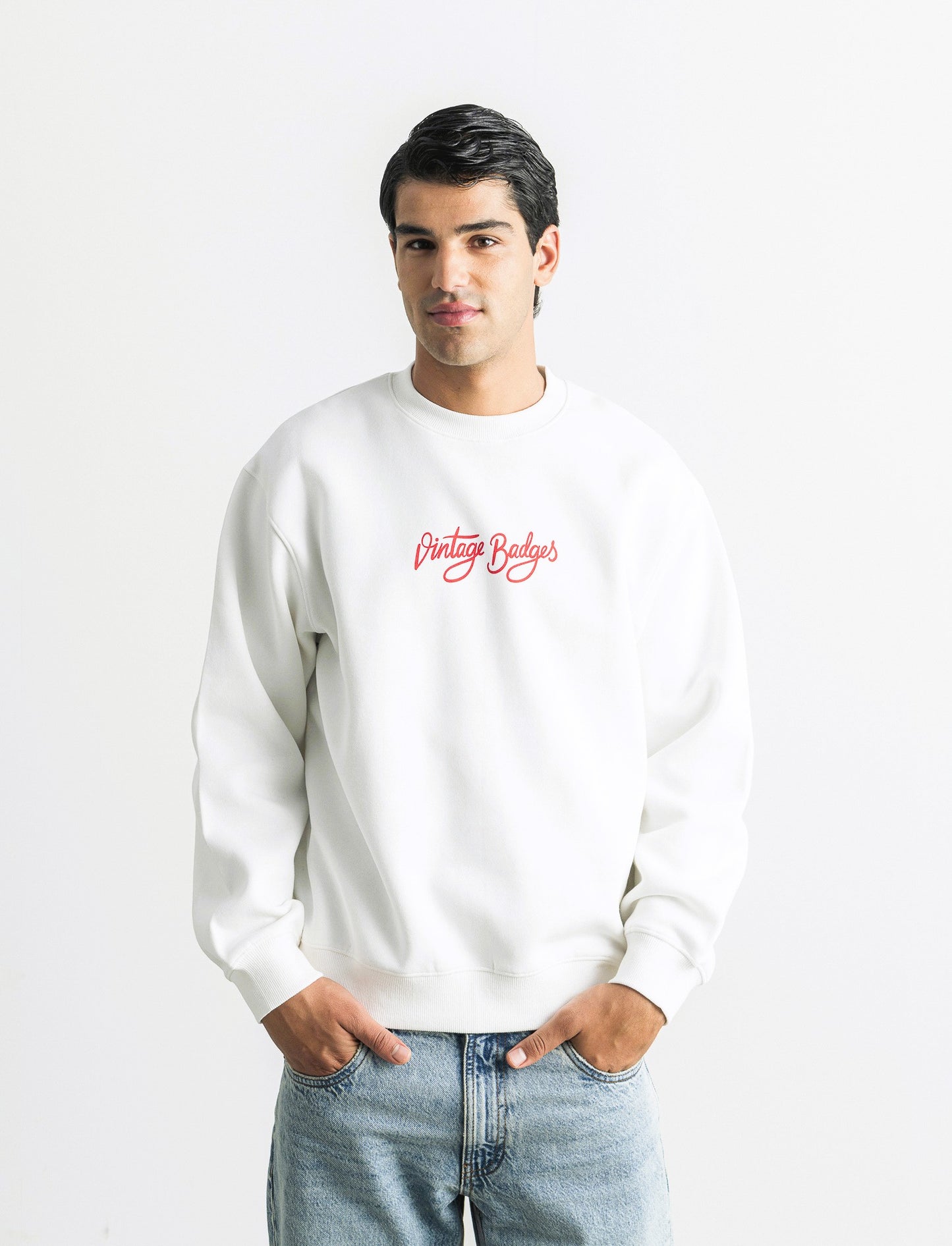 FELPA GIROCOLLO BOXY FIT CON RICAMO E STAMPA - Bianco