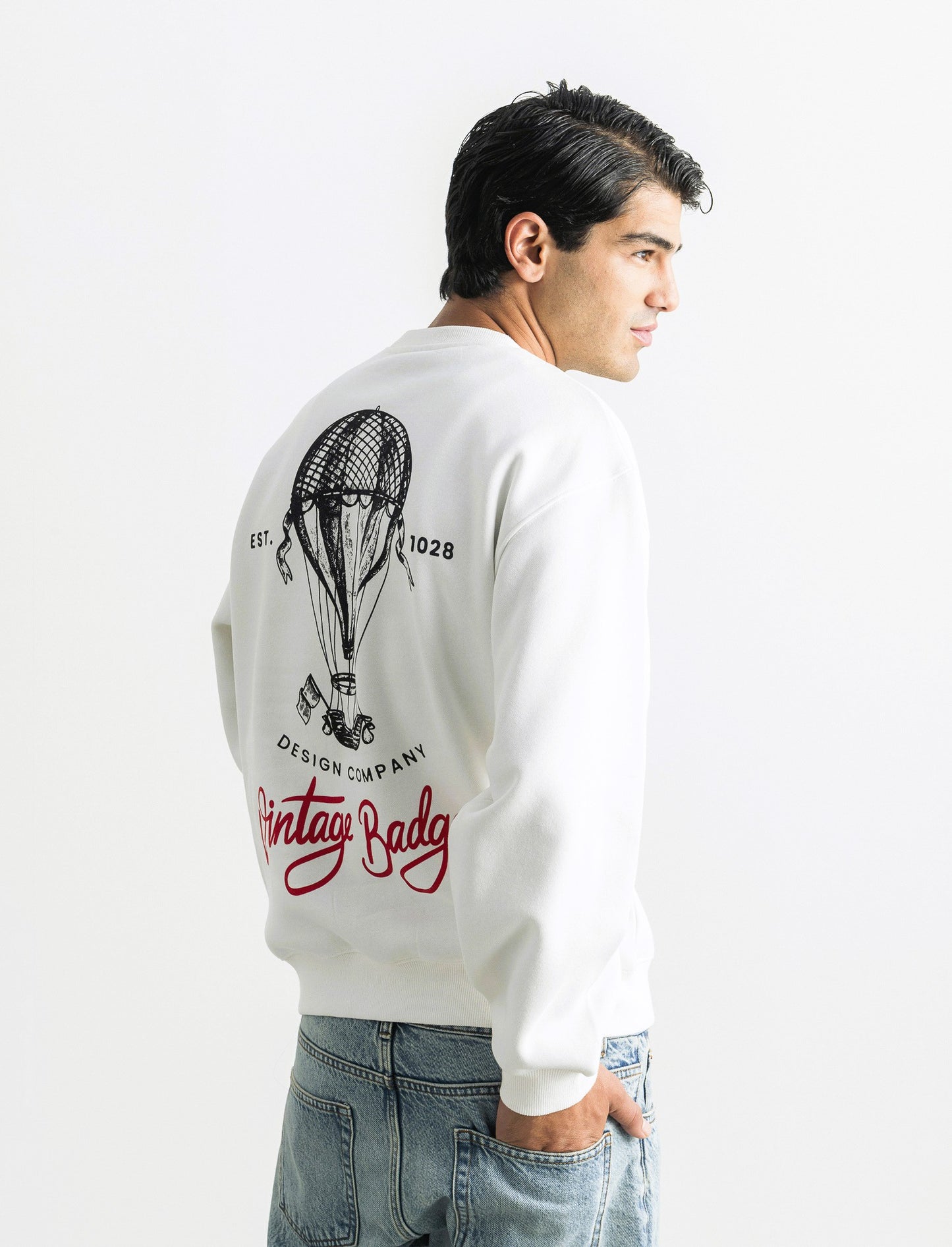 FELPA GIROCOLLO BOXY FIT CON RICAMO E STAMPA - Bianco