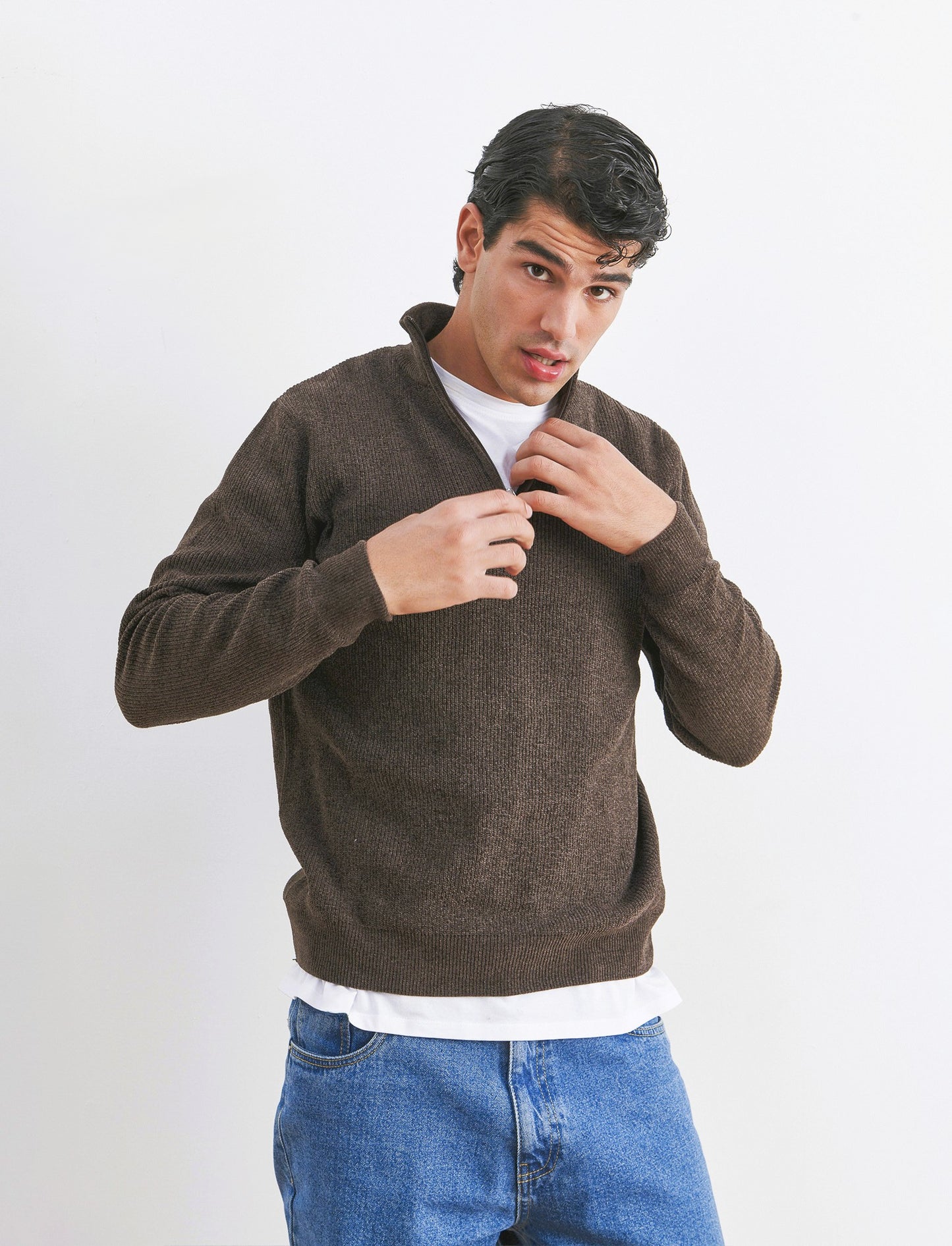 MAGLIA COLLO ALTO ZIP IN CINIGLIA - Moro