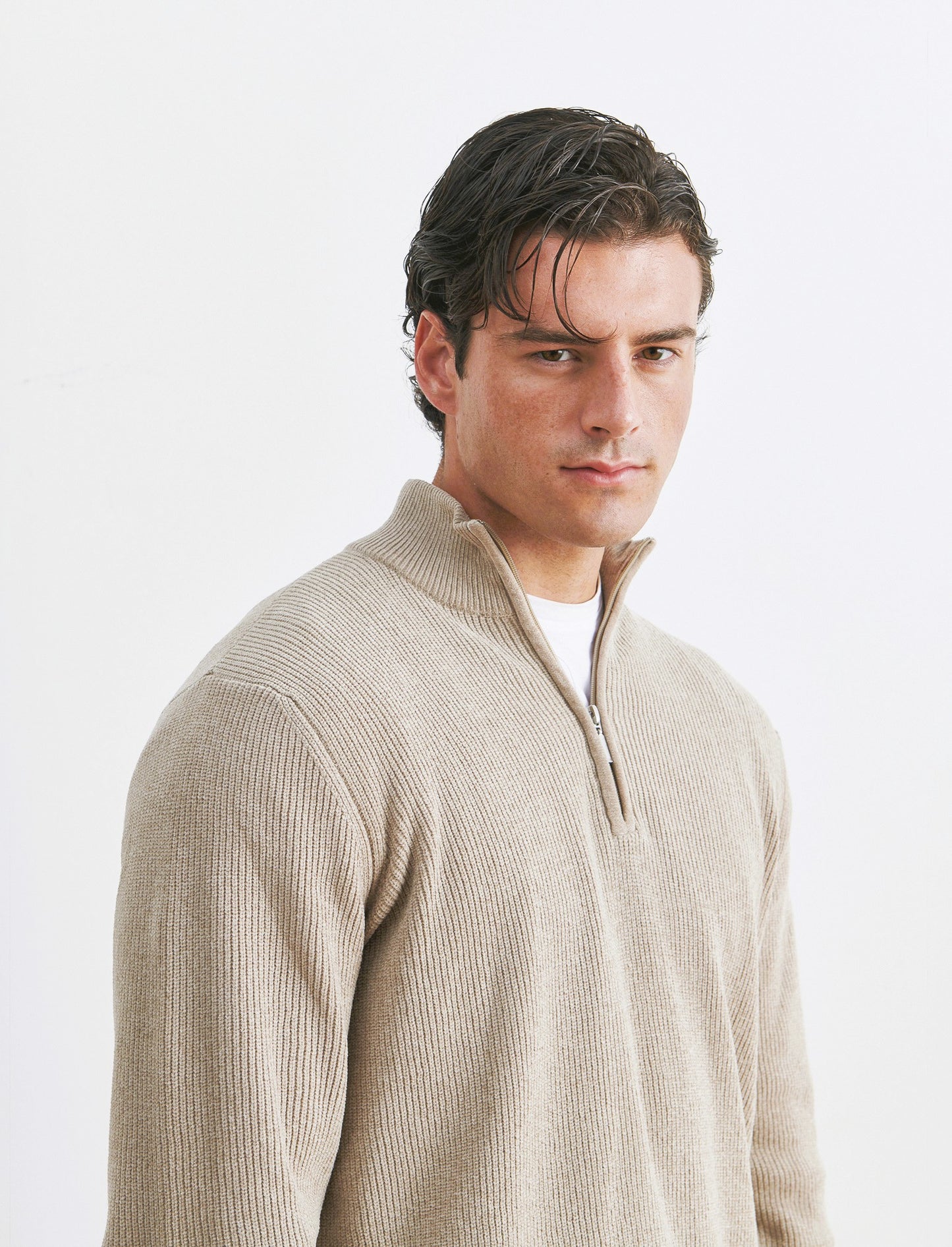 MAGLIA COLLO ALTO ZIP IN CINIGLIA - Beige
