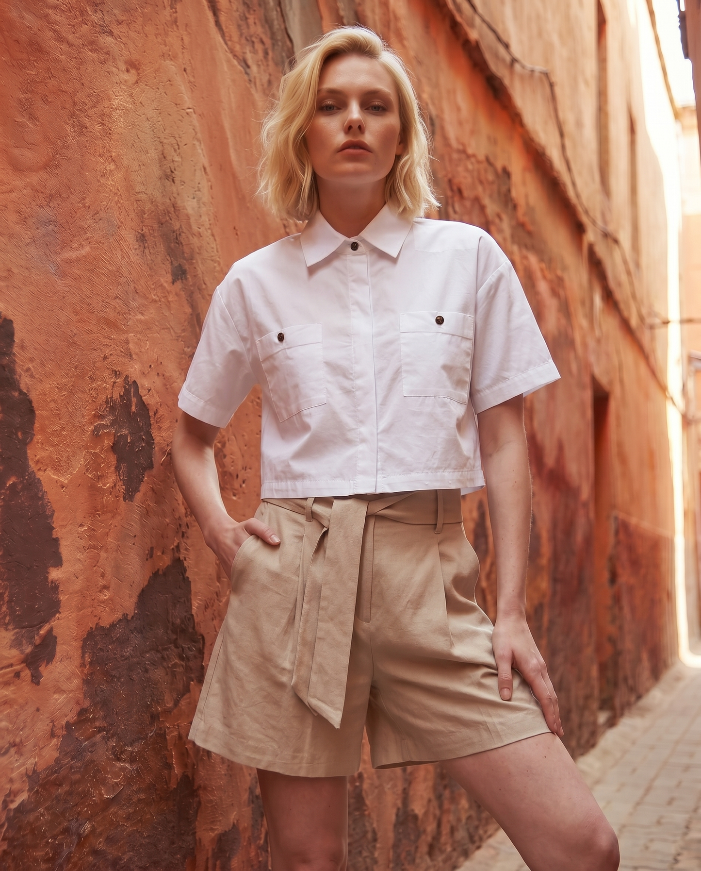 Camicia crop con tasche frontali - Bianco