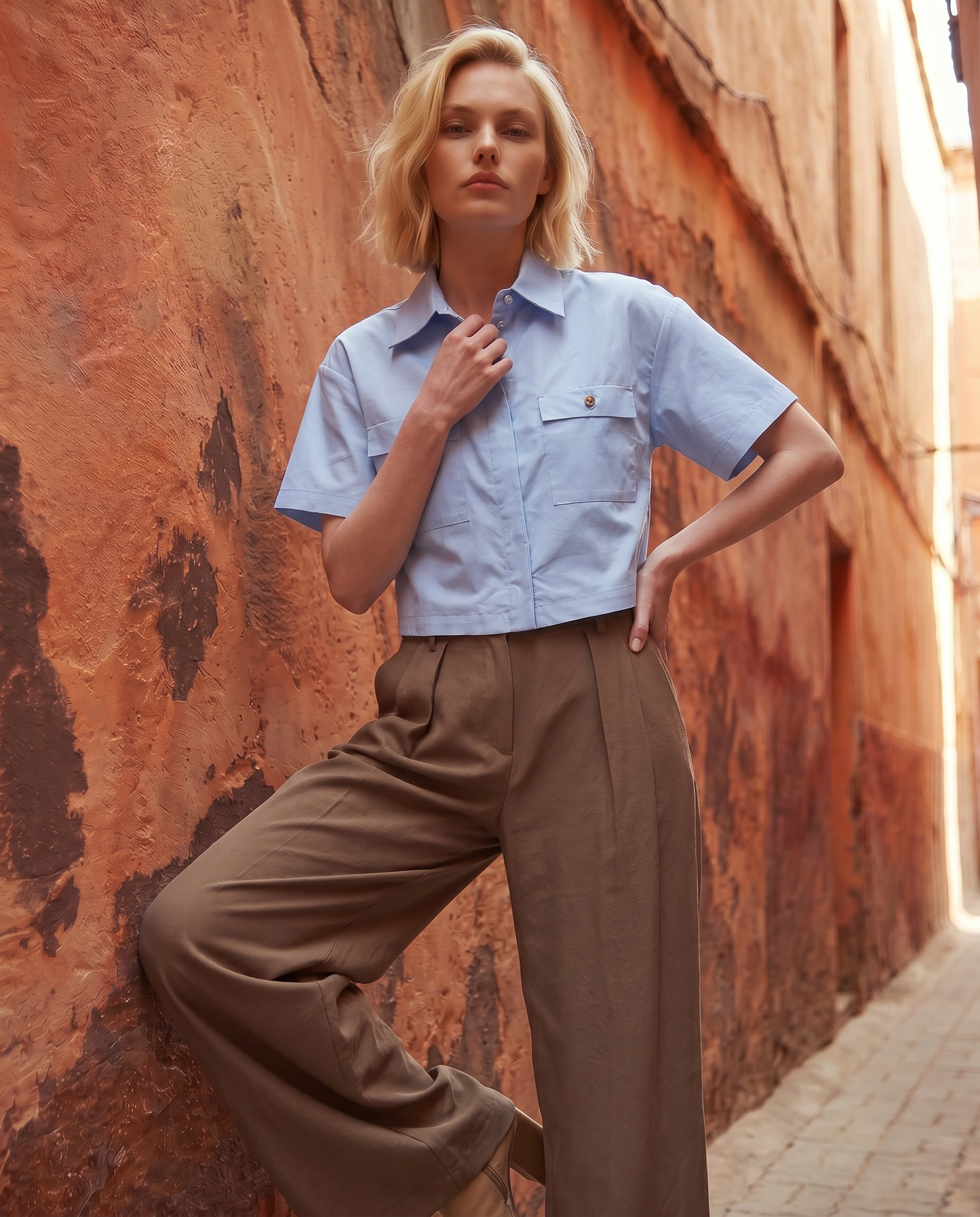 Camicia crop con tasche frontali - Celeste