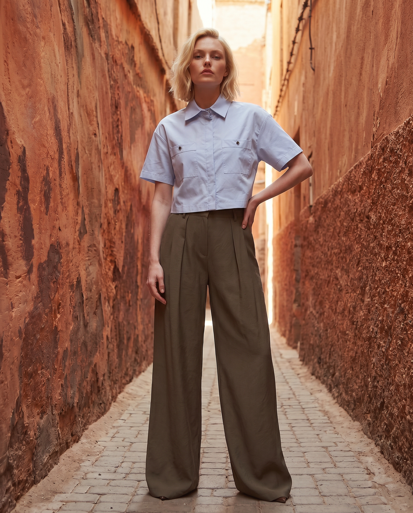Camicia crop con tasche frontali - Celeste