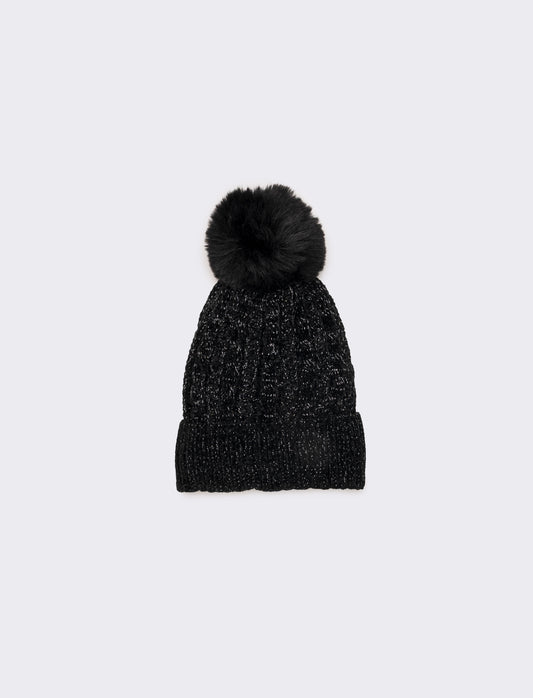 Cappello in lurex con pon pon - Nero