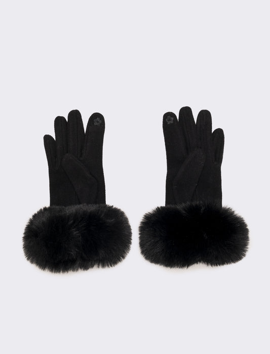Guanti con polsino in pelliccia sintetica - Nero