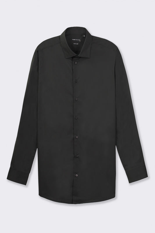 Stretch Cotton French Collar Shirt with Long Sleeves - Black