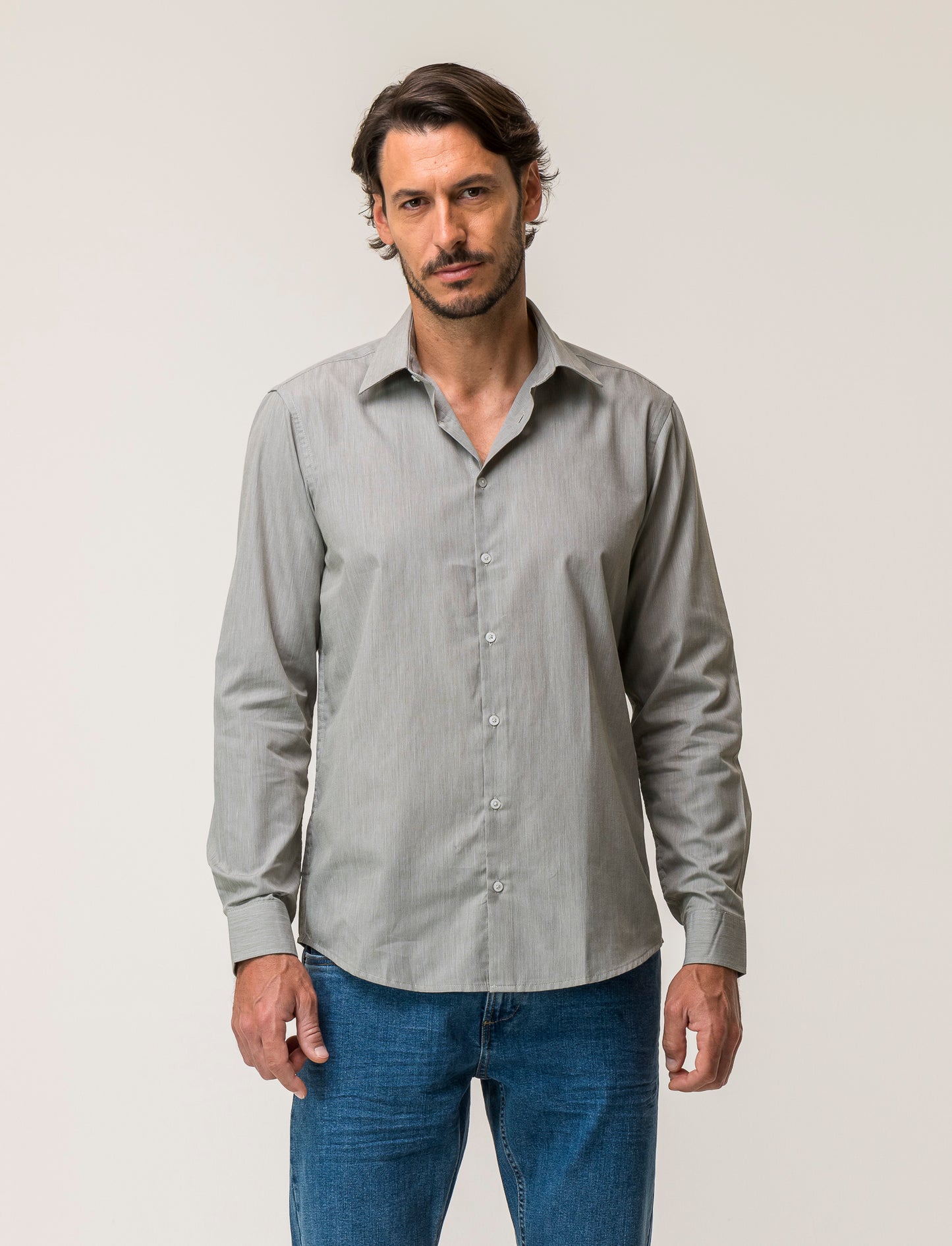 Camicia regular fit realizzata in tessuto di misto cotone fil a fil easy iron con collo francese e m - Verde