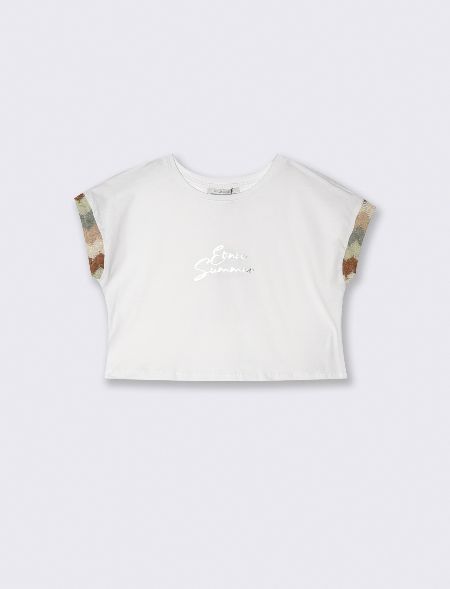 T-shirt cropped con stampa ed inseri a contrasto. - Bianco
