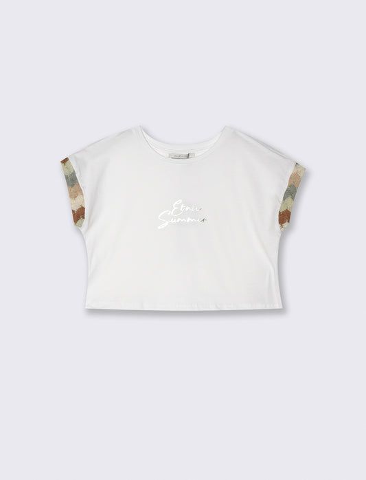 T-shirt cropped con stampa ed inseri a contrasto. - Bianco