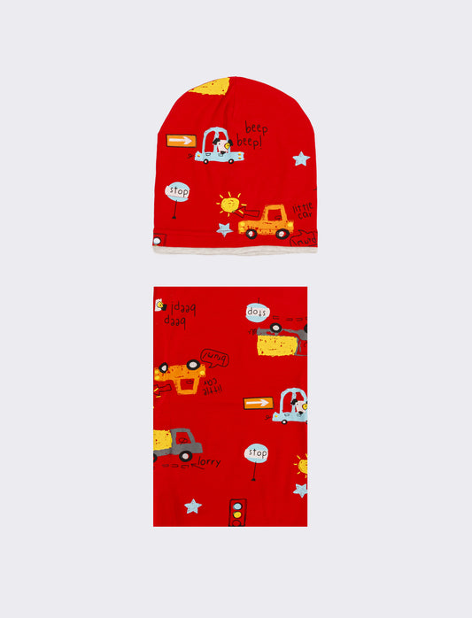 Set cappello e collo con macchinine - Rosso
